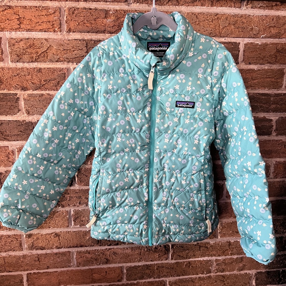 Patagonia Girls Size Small 7-8 Floral Down Sweater Jacket Teal Warm Cozy